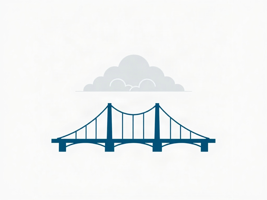 Minimalist vector logo on a white background, a stylized bridge with clouds above, using a blue and grey color palette, flat design, clean and professional